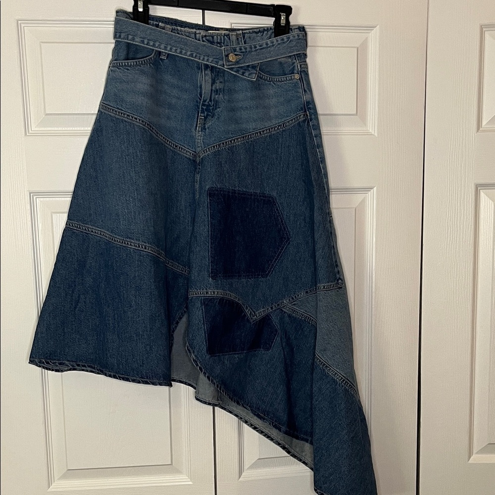 We The Free People Piece of Work Asymmetric Patchwork Denim Boho Skirt Sz 25